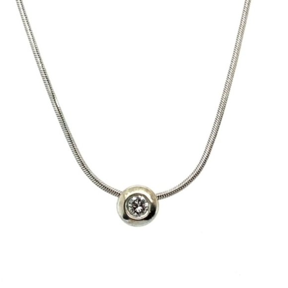 14k Solid White Gold & Genuine Bezel Set Diamond Necklace 16.25" - Picture 1 of 4